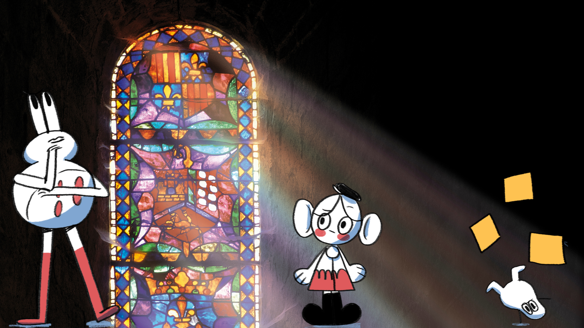 Stained glass window with rays of light shining through into a dark room. Pip cartoon characters are in the foreground, thinking up ideas.