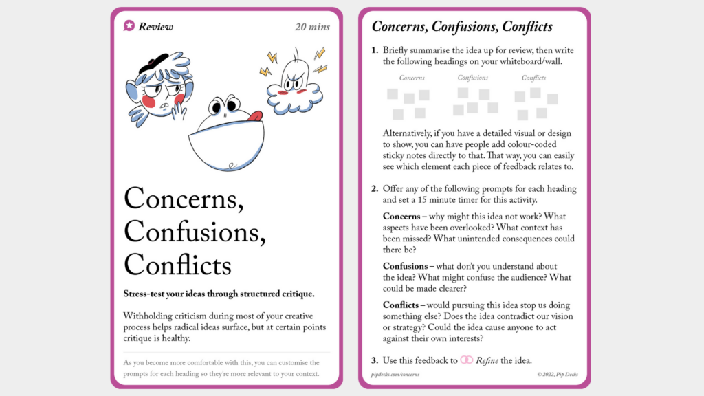 Concerns, Confusions, Conflicts card from Idea Tactics. Full content available via the link below. 