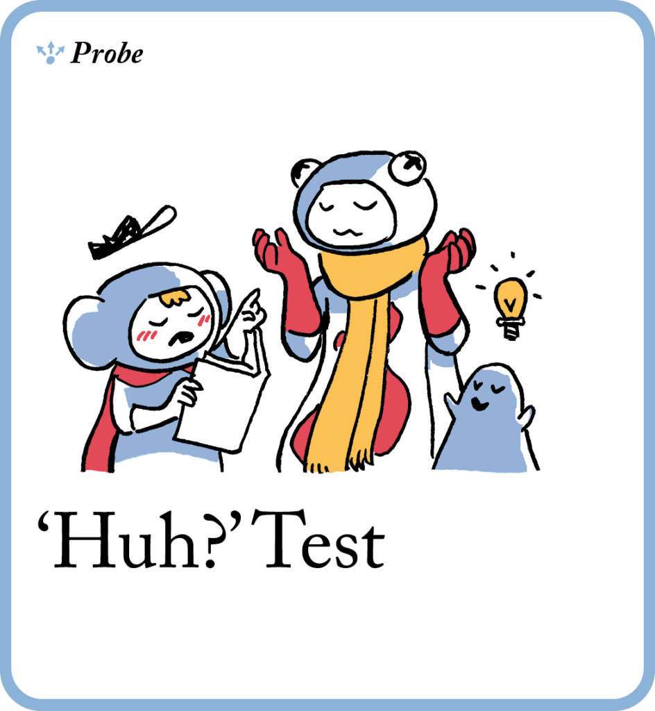 A sticker with the words huh test on it.
