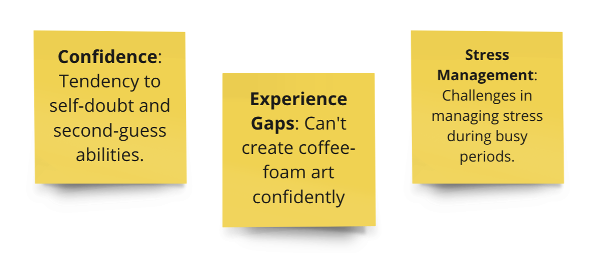 This image features three yellow post-it notes each listing a different personal attribute as part of a self-assessment. The first note on the left reads 'Confidence: Tendency to self-doubt and second-guess abilities.' The middle note is labeled 'Experience Gaps: Can't create coffee-foam art confidently.' The note on the right states 'Stress Management: Challenges in managing stress during busy periods.' The notes are arranged horizontally against a neutral background.