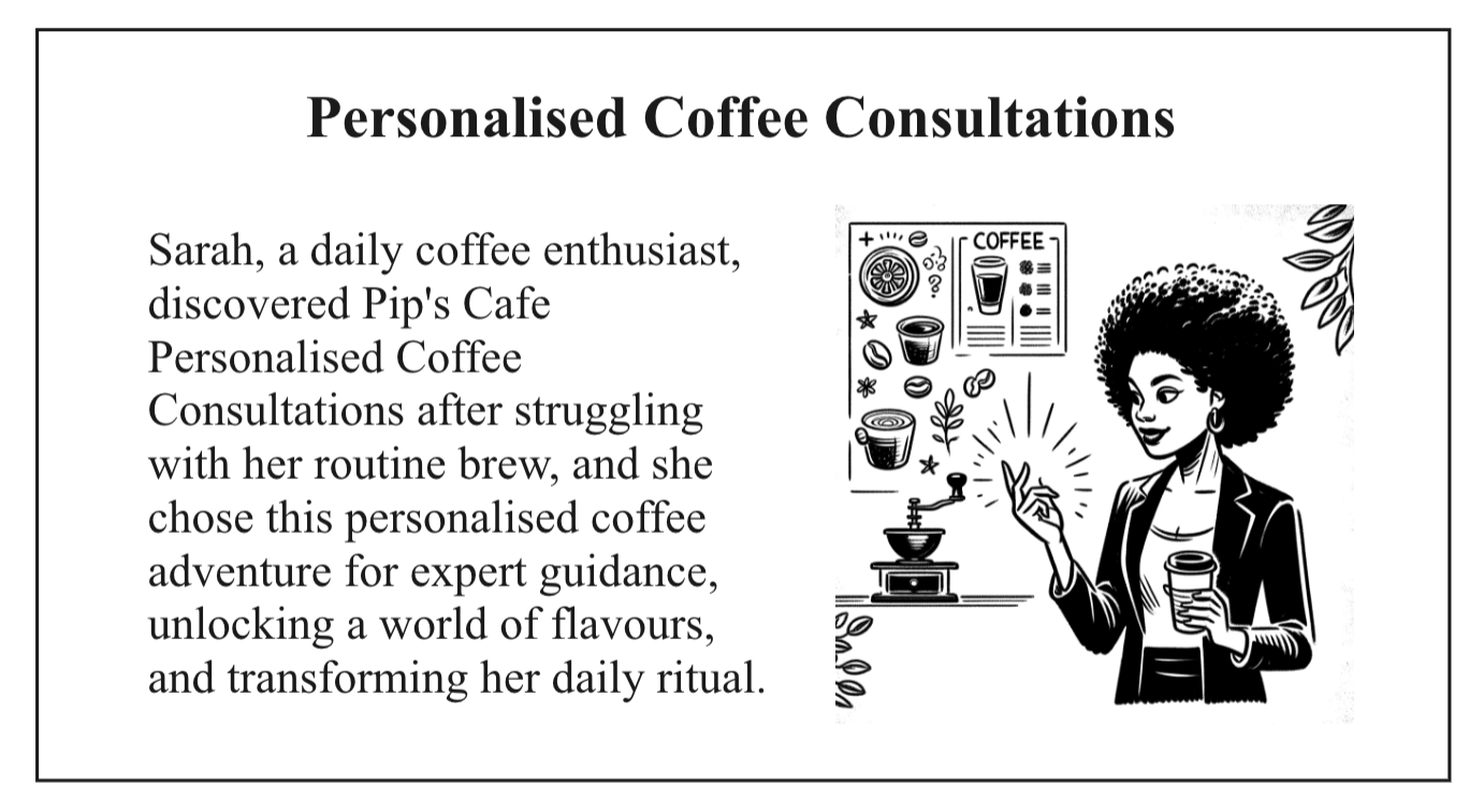Personalise Coffee Consultation- Sarah, a daily coffee enthusiast, discovered Pip's Cafe Personalised Coffee Consultations after struggling with her routine brew, and she chose this personalised coffee adventure for expert guidance, unlocking a world of flavours, and transforming her daily ritual.