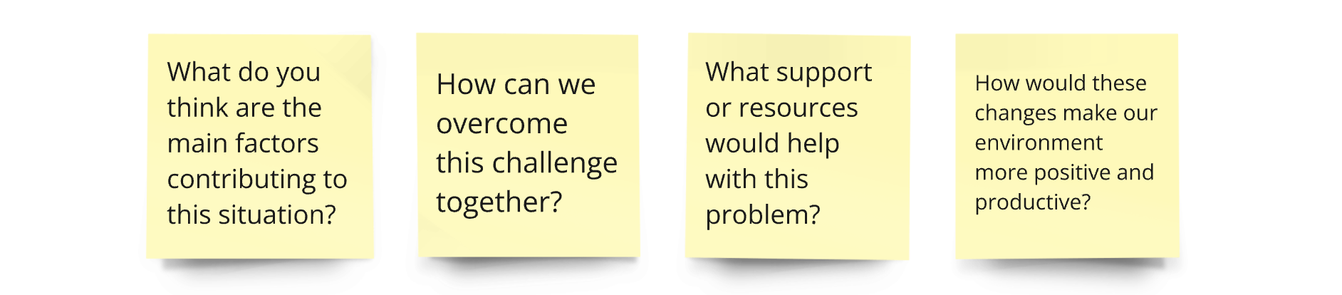 Additional open questions include ‘What are the main factors contributing to this situation?’, ‘How can we overcome this together?’, ‘What support or resources would help?’ and ‘How would these changes make our environment more positive and productive?’